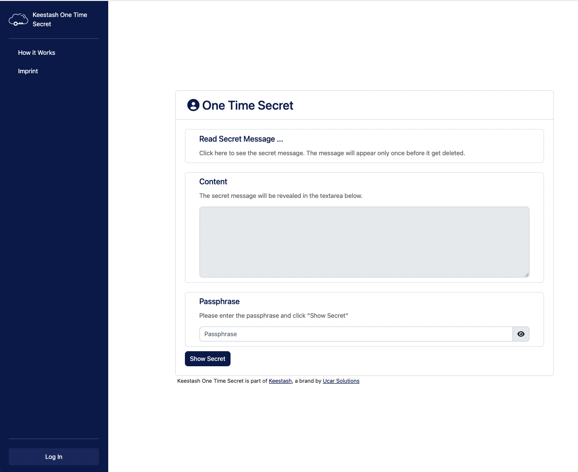 Screenshot der Keestash OTS Oberfläche zur sicheren Passwortübertragung